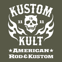 Load image into Gallery viewer, KK SKULL &#39;N FLAMES - AMERICAN ROD &amp; KUSTOM ~ White - Short Sleeve Tee - ARMY
