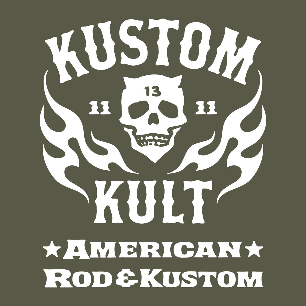 KK SKULL 'N FLAMES - AMERICAN ROD & KUSTOM ~ White - Short Sleeve Tee - ARMY