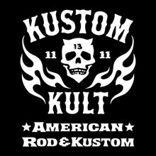 Load image into Gallery viewer, KK SKULL &#39;N FLAMES AMERICAN ROD &amp; KUSTOM~ White - Long Sleeve Tee - BLACK

