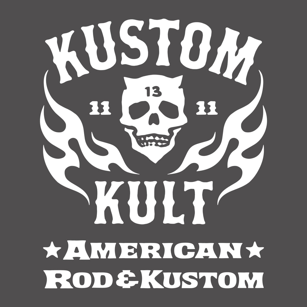 KK SKULL 'N FLAMES - AMERICAN ROD & KUSTOM ~ White - Short Sleeve Tee - GRAY