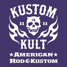 Load image into Gallery viewer, KK SKULL &#39;N FLAMES - AMERICAN ROD &amp; KUSTOM ~ White - Short Sleeve Tee - PURPLE
