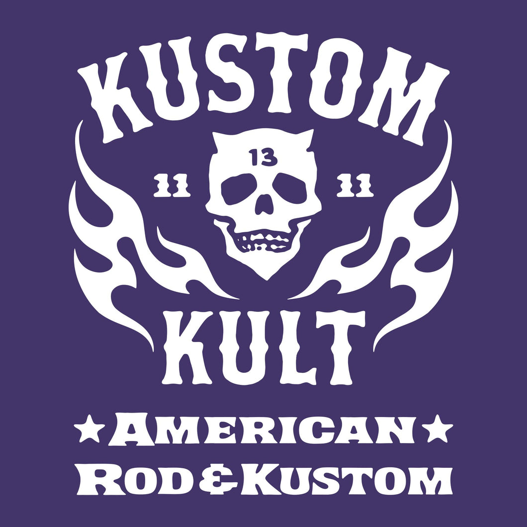 KK SKULL 'N FLAMES - AMERICAN ROD & KUSTOM ~ White - Short Sleeve Tee - PURPLE