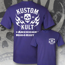 Load image into Gallery viewer, KK SKULL &#39;N FLAMES - AMERICAN ROD &amp; KUSTOM ~ White - Short Sleeve Tee - PURPLE
