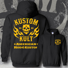 Load image into Gallery viewer, KK SKULL 'N FLAMES AMERICAN ROD &amp; KUSTOM ~ Yellow - Hoodie - BLACK
