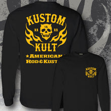 Load image into Gallery viewer, KK SKULL &#39;N FLAMES AMERICAN ROD &amp; KUSTOM~ Yellow - Long Sleeve Tee - BLACK

