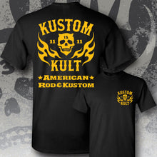 Load image into Gallery viewer, KK SKULL &#39;N FLAMES - AMERICAN ROD &amp; KUSTOM ~ Yellow - Short Sleeve Tee - BLACK
