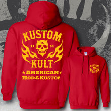 Load image into Gallery viewer, KK SKULL 'N FLAMES AMERICAN ROD &amp; KUSTOM ~ Yellow - Hoodie - RED
