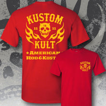 Load image into Gallery viewer, KK SKULL &#39;N FLAMES - AMERICAN ROD &amp; KUSTOM ~ Yellow - Short Sleeve Tee - RED
