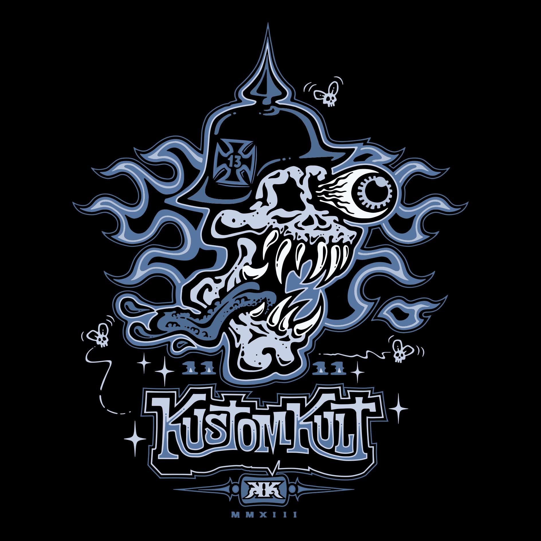 VON SKULLY ~ BONEHEAD BLUE - Short Sleeve Tee - Black – KUSTOM KULT®